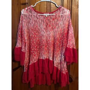 Umgee USA oversized blouse red floral boho lace ruffle sleeve tunic medium
